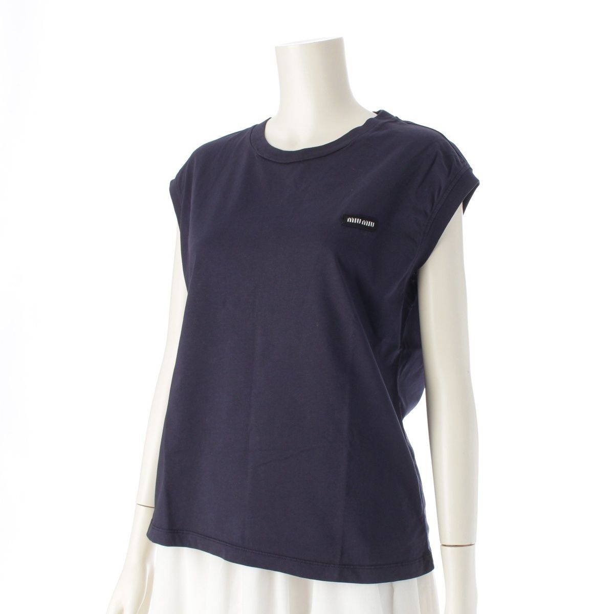 ミュウミュウ 24年 コットン ロゴ ノースリーブ Tシャツ トップス カットソー MJE 15 ネイビー S