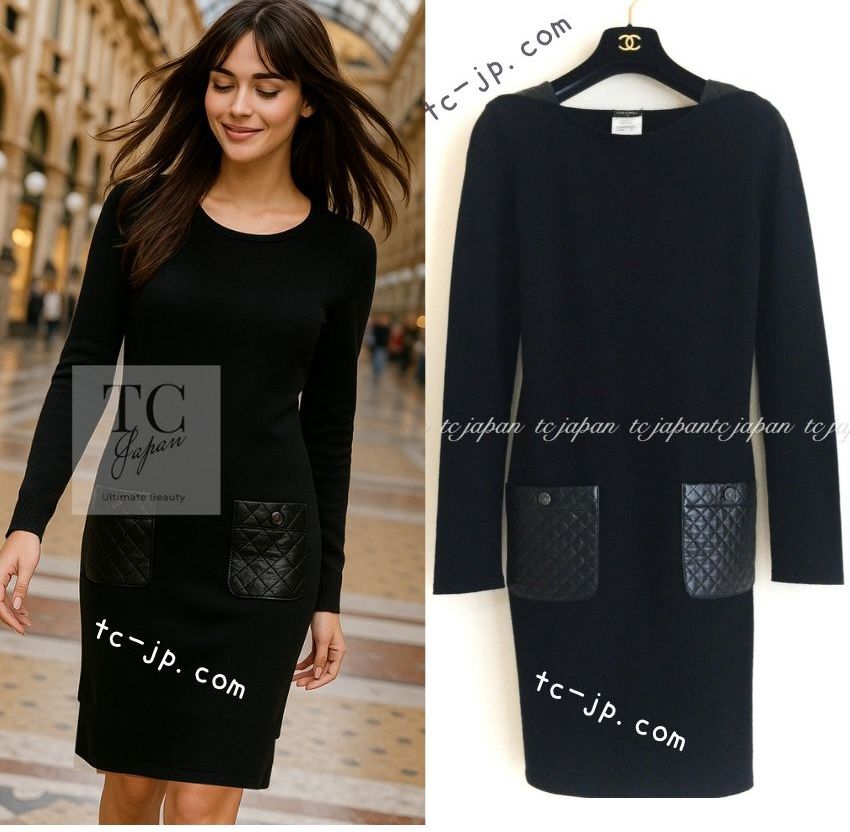 シャネル ワンピース CHANEL美人見え ブラック 黒 ウール カシミア ラムスキン レザー マトラッセ ポケット カール ラガーフェルド作品 人気 超 36