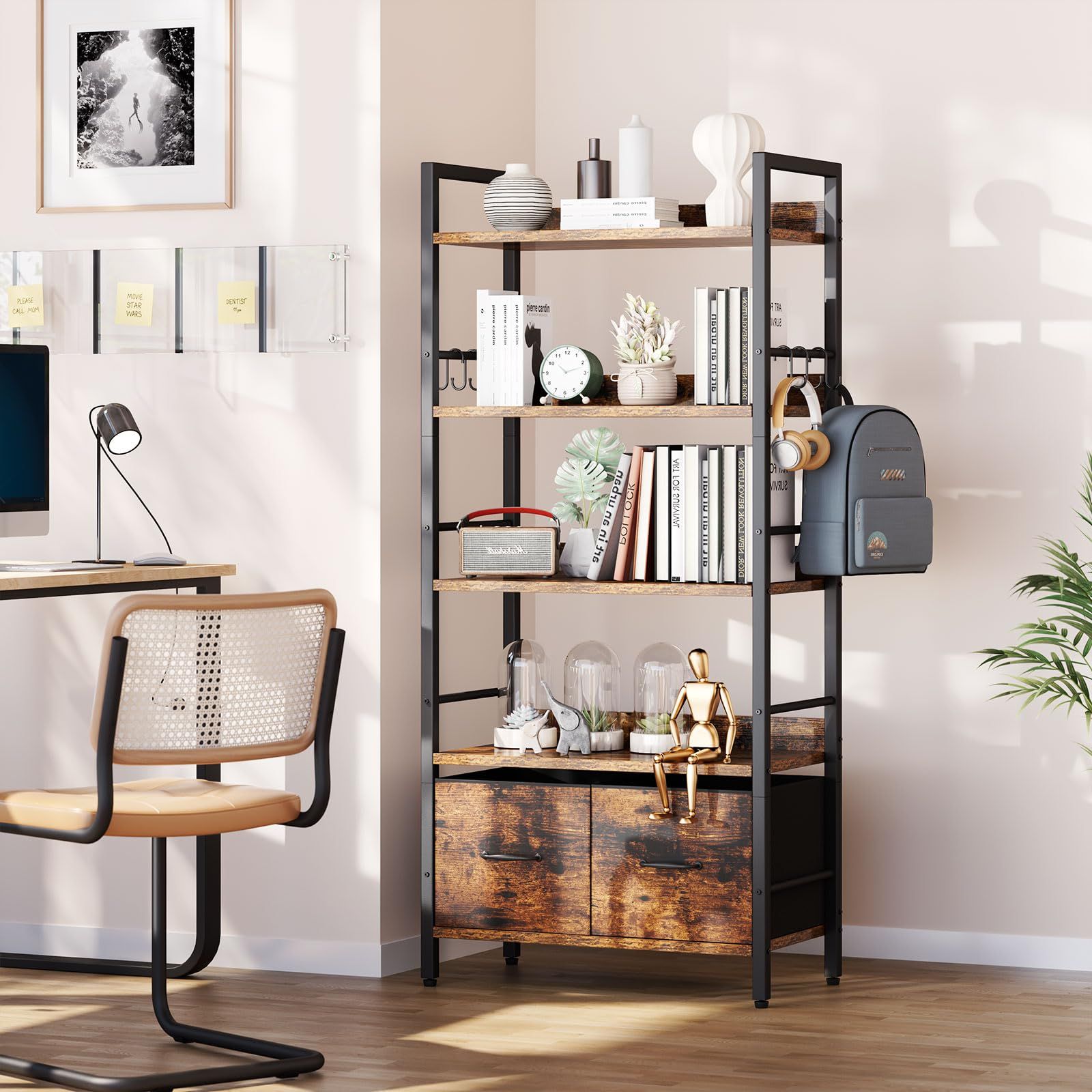 本棚 5段 シェルフ棚 引き出し付き リビング棚 オープンラック 大容量 オープンシェルフ 収納ラック 60×30×154cm オフィス キッチンに適用 レトロ色の工業風 ヴィンテージ YD-BC002H