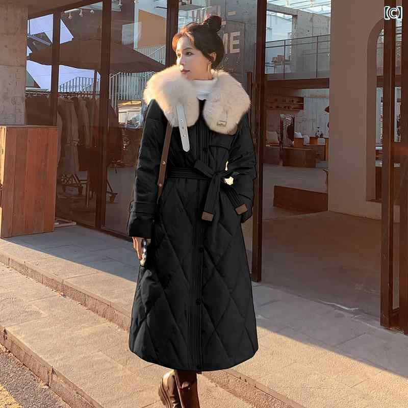 ダウンジャケット レディース ロング丈 ひざ丈 2024 秋冬 厚手 フェミニン 白ダウン フェイクファー襟 ポリエステル ゆったり ベージュ ブ