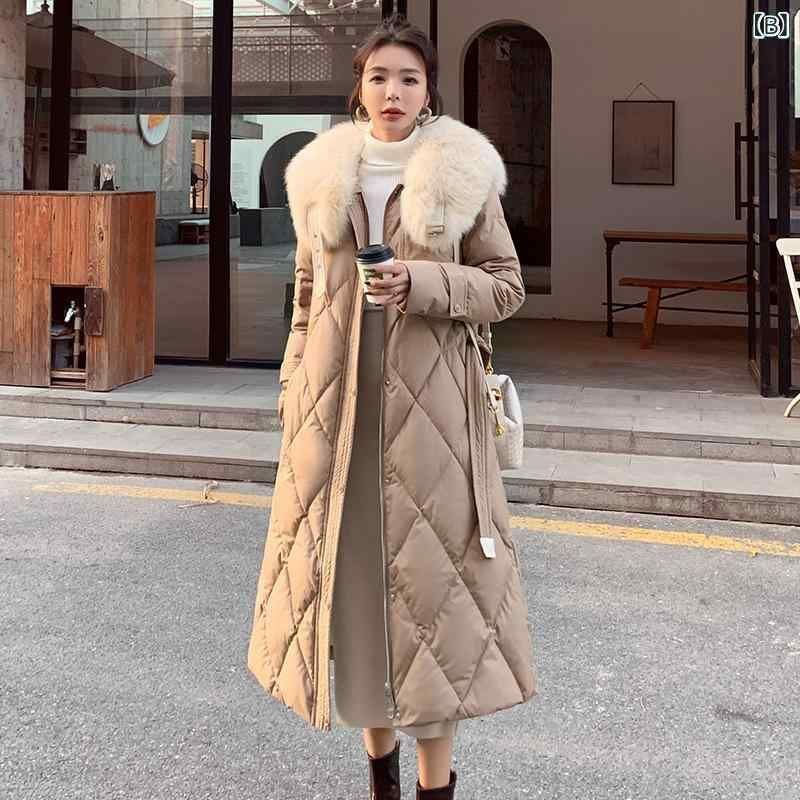 ダウンジャケット レディース ロング丈 ひざ丈 2024 秋冬 厚手 フェミニン 白ダウン フェイクファー襟 ポリエステル ゆったり ベージュ ブ