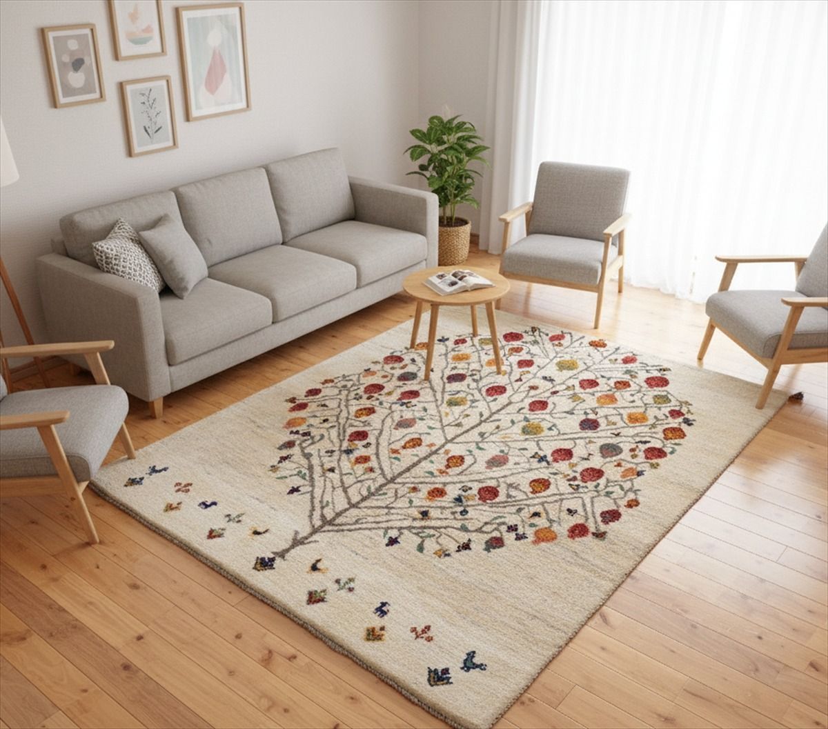 ペルシャ ギャッベ リビング ラグ 197x155cm ザクロの木 ベージュ RJ8267