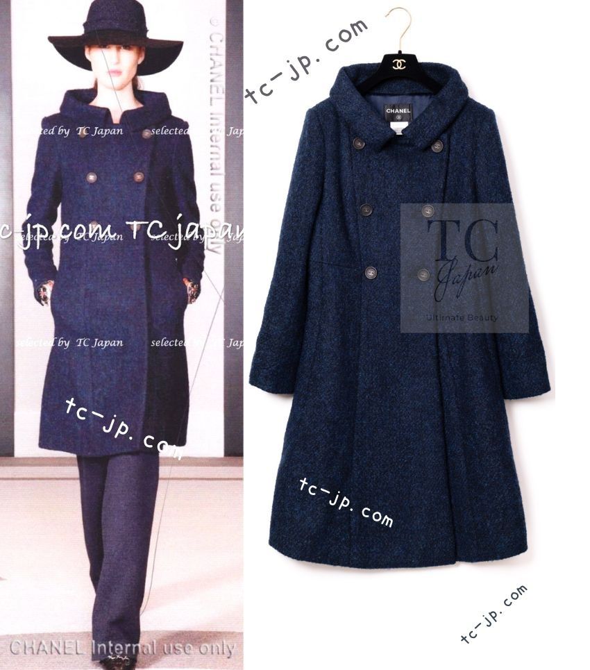 シャネル コート CHANEL 83万 ネイビー ウール アルパカ CC ココ ロゴボタン スタンド ダブル カール ラガーフェルド 超 40