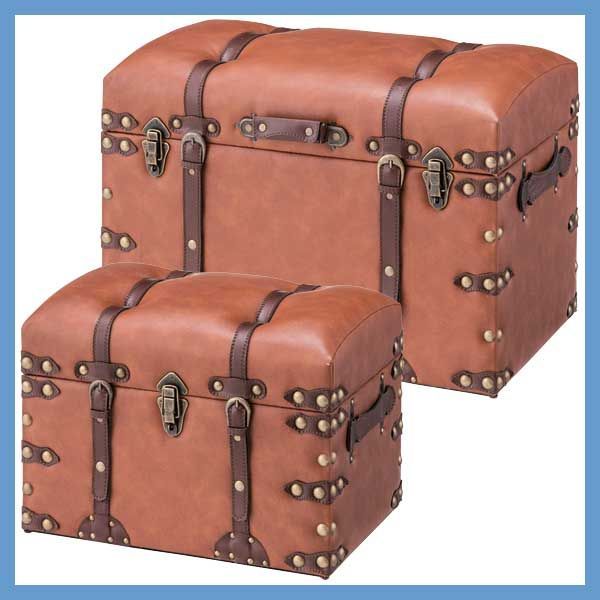 合皮製のトラディショナルなトランクボックス収納セット スツール S W50×D35.5×H35cm L W66×D41×H46cm No.276