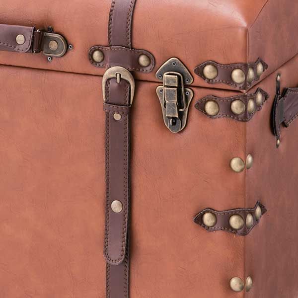 合皮製のトラディショナルなトランクボックス収納セット スツール S W50×D35.5×H35cm L W66×D41×H46cm No.276