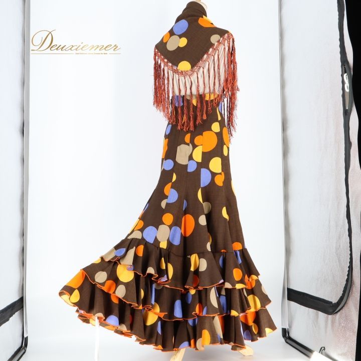 フラメンコ 衣装 ファルダ シージョ スカート ボランテ フリル 水玉 ドット CANELA PURA フレコ フリンジ 茶色 黄色 オレンジ 青 ダンス パーティ 発表会 ブラウン系 オレンジ系 フラメンコ衣装 スカート ドレス フリル付き ステージ衣装 LLC-HASEGAWATOSO_COM