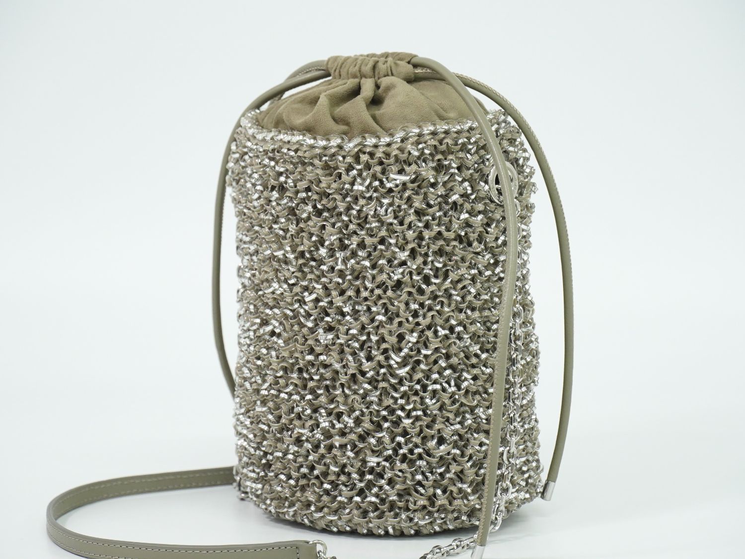 本物 アンテプリマ ANTEPRIMA SECCHIO MINI ワイヤーバッグ 巾着 ショルダーバッグ ポシェット ビニール グレージュ シルバー PB20FJH6S5 バッグ フォロー割