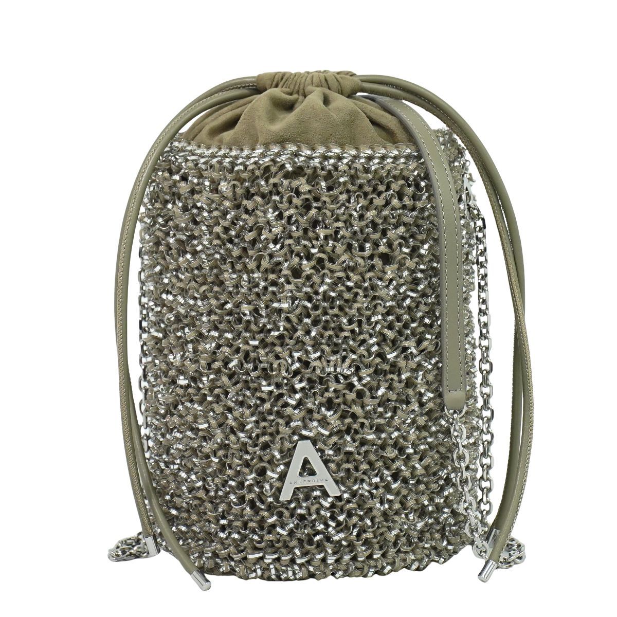 本物 アンテプリマ ANTEPRIMA SECCHIO MINI ワイヤーバッグ 巾着 ショルダーバッグ ポシェット ビニール グレージュ シルバー PB20FJH6S5 バッグ フォロー割