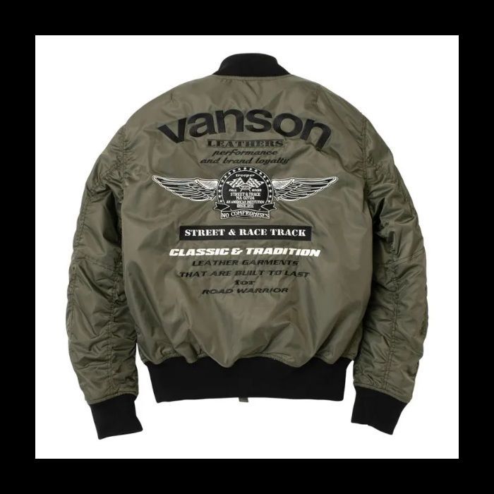 VANSON バンソン MA-1ジャケット カーキ ブラック 着脱式ネックウォーマー装備 肩 肘 脊髄 胸部プロテクター装備