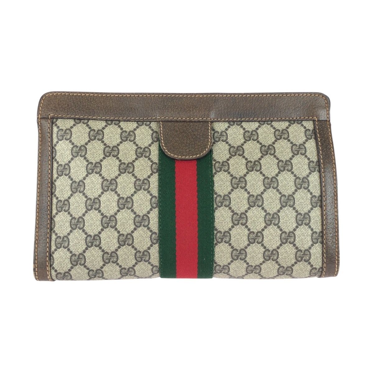 GUCCI グッチ ヴィンテージ グッチ シェリーライン ブラウン グレー GGスプリームキャンバス レザー クラッチバッグ 505717