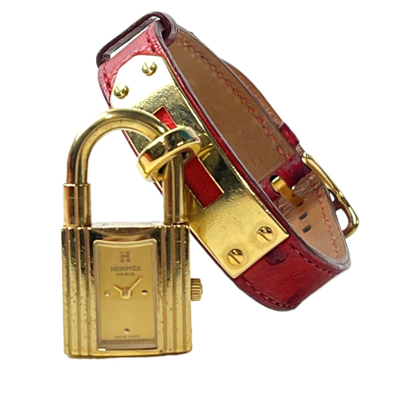 ジャンク品 HERMES エルメス ケリーウォッチ レディース 腕時計 オーストリッチ ゴールド レッド クォーツ 195-251029-SS-01-ich