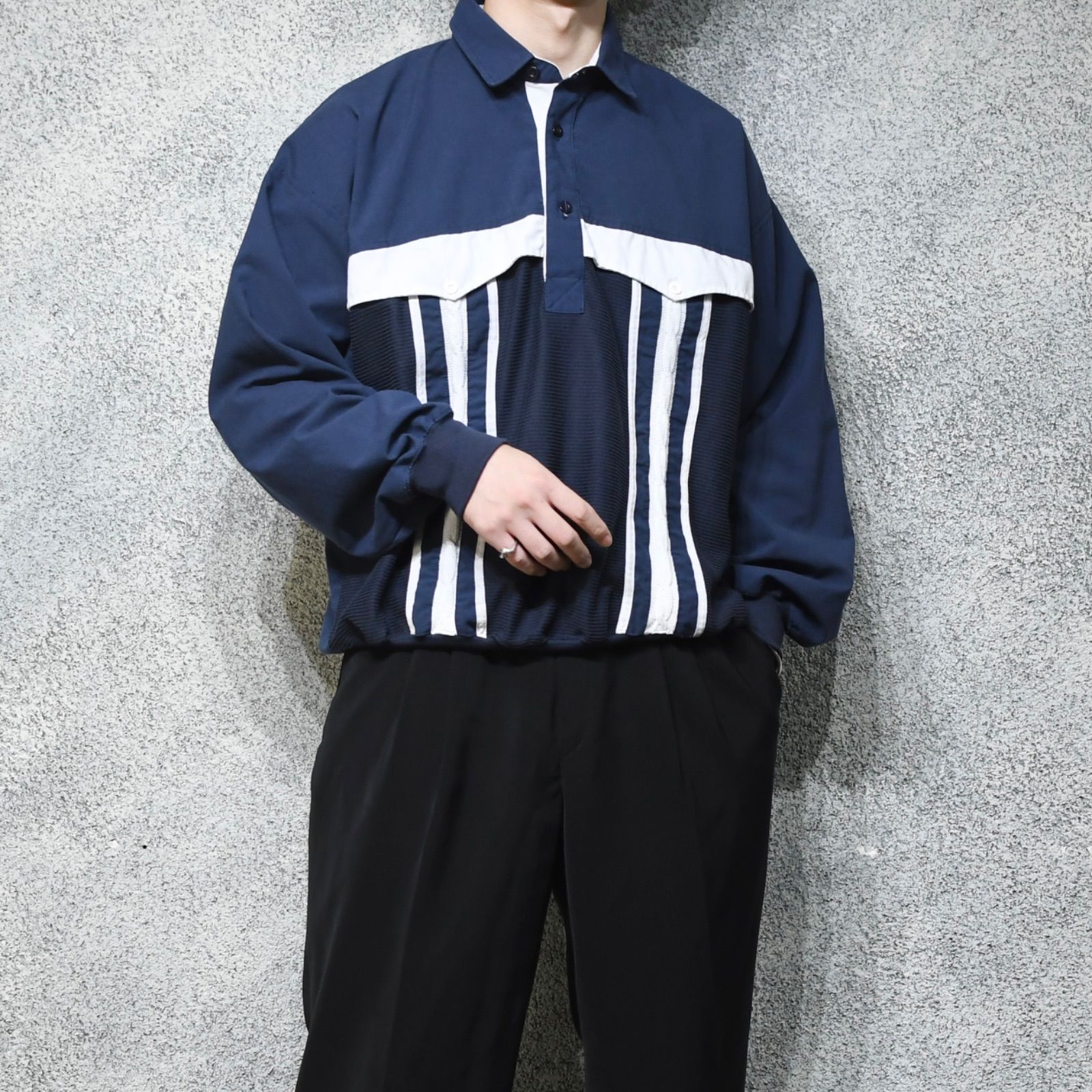 古着 切り替え デザインシャツ プルオーバーシャツ ポロシャツ ネイビー