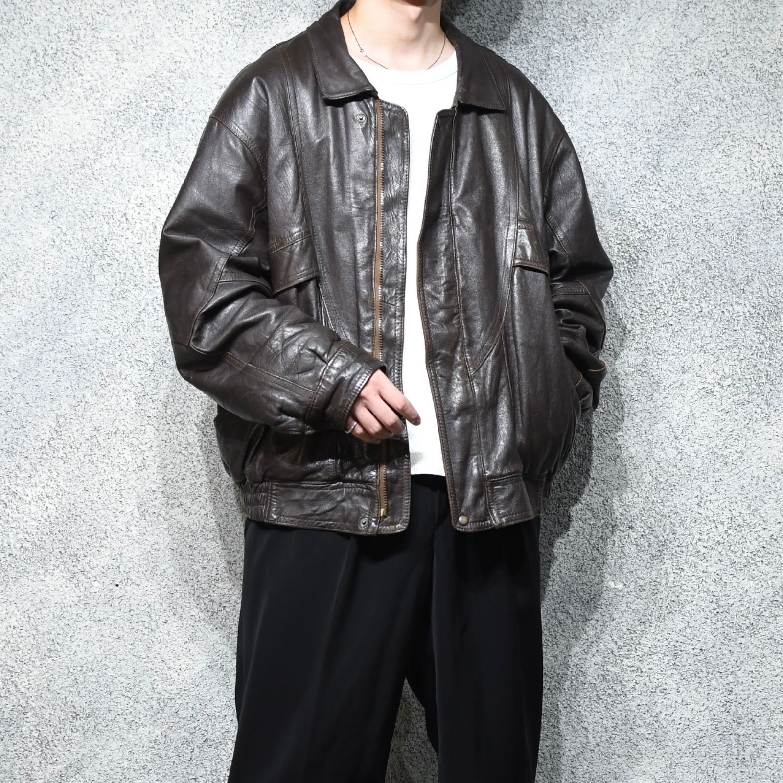 古着 とろみ レザーブルゾン ブラウン 茶色 レザージャケット ブルゾン ジャケット