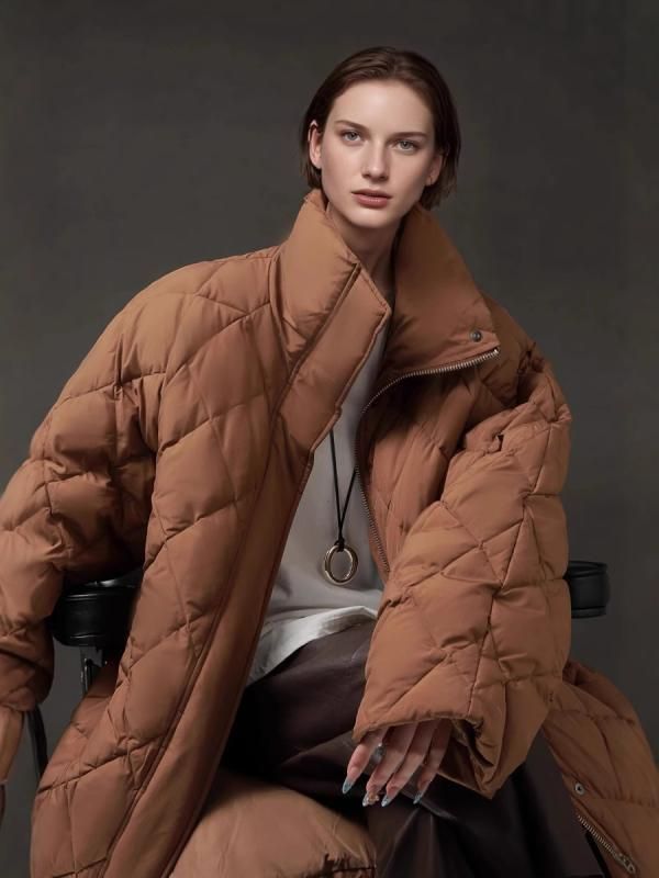 ダウンジャケット レディース 感 ゆったり 立襟 通勤 アウター ひし形 厚手 秋冬 焦糖色 ブラック アイボリー