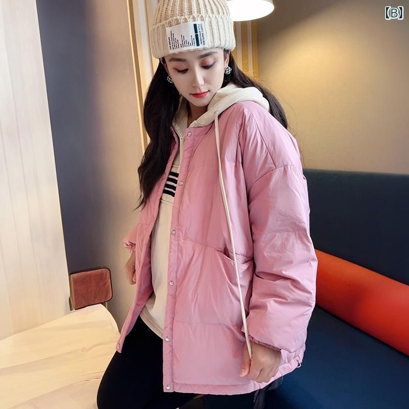 ダウンジャケット レディース 大きいサイズ ゆったり ミドル丈 ラウンドネック ピンク 黒 無地 カジュアルスタイル