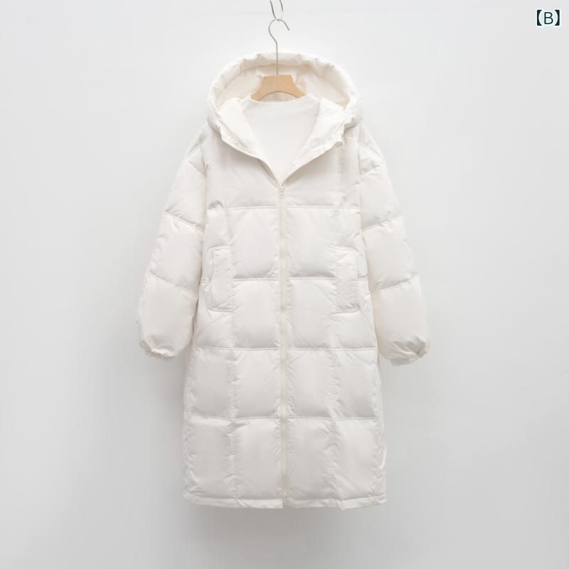 ダウンジャケット レディース 加厚 膝丈 ロング丈 アウター フード付き ブラック ホワイト 秋冬