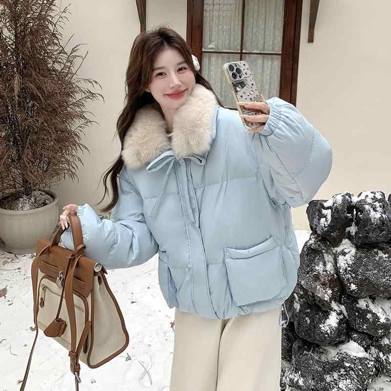 ダウンジャケット レディース 韓国風 カジュアル ブルー ビッグ ショート丈 厚手 ホワイトダックダウン アウター 秋冬 防寒