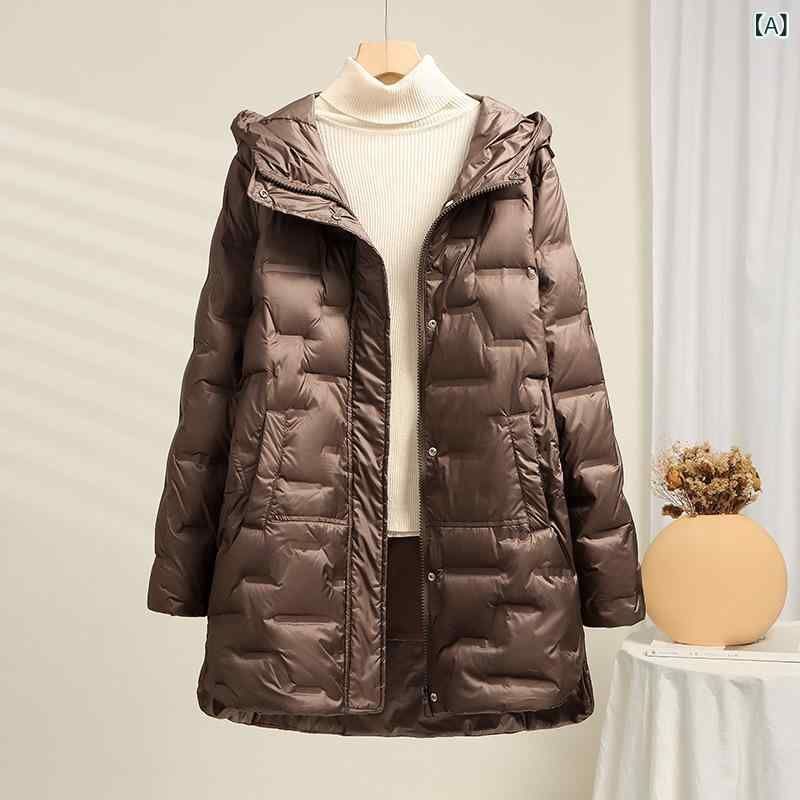 ダウンジャケット レディース 中綿入り 軽量 ミドル丈 フード付き 長袖 アウター 婦人服 カジュアル 秋冬 暖かい ゆったり コーヒー色 米白 GULLKHAN_COM