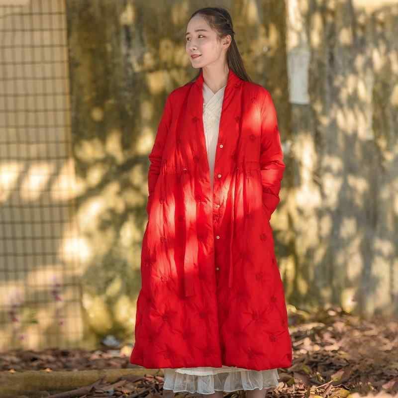 ダウンジャケット レディース 刺繍 長袖 ロング丈 レトロ風 チャイナ風 ポリエステル ゆったり 厚手 秋冬 赤 ピンク系