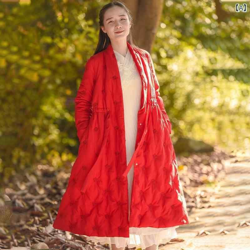 ダウンジャケット レディース 刺繍 長袖 ロング丈 レトロ風 チャイナ風 ポリエステル ゆったり 厚手 秋冬 赤 ピンク系