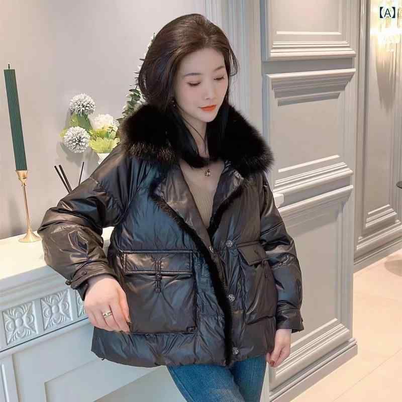 ダウンジャケット レディース 狐襟 ミンク 切り替え ショート丈 白ダウン ゆったりサイズ