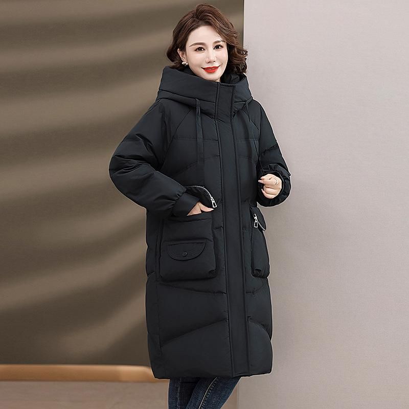 ダウンジャケット レディース ミセス 中綿入り 長袖 フード付き ロング丈 無地 厚手 防風 暖か ポリエステル アウター カーキ オレンジ ブ