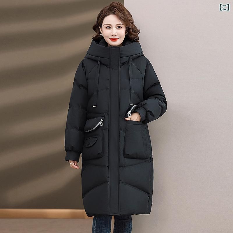 ダウンジャケット レディース ミセス 中綿入り 長袖 フード付き ロング丈 無地 厚手 防風 暖か ポリエステル アウター カーキ オレンジ ブ