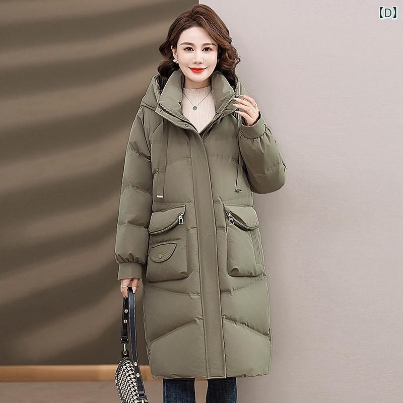 ダウンジャケット レディース ミセス 中綿入り 長袖 フード付き ロング丈 無地 厚手 防風 暖か ポリエステル アウター カーキ オレンジ ブ GULLKHAN_COM