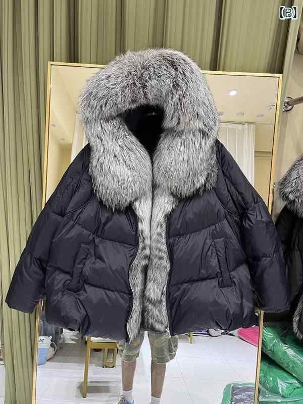 ダウンジャケット レディース フォックスファー 毛襟 アウター ショート丈 ゆったりサイズ ブラック カーキ グリーン ブルー レッド パープ