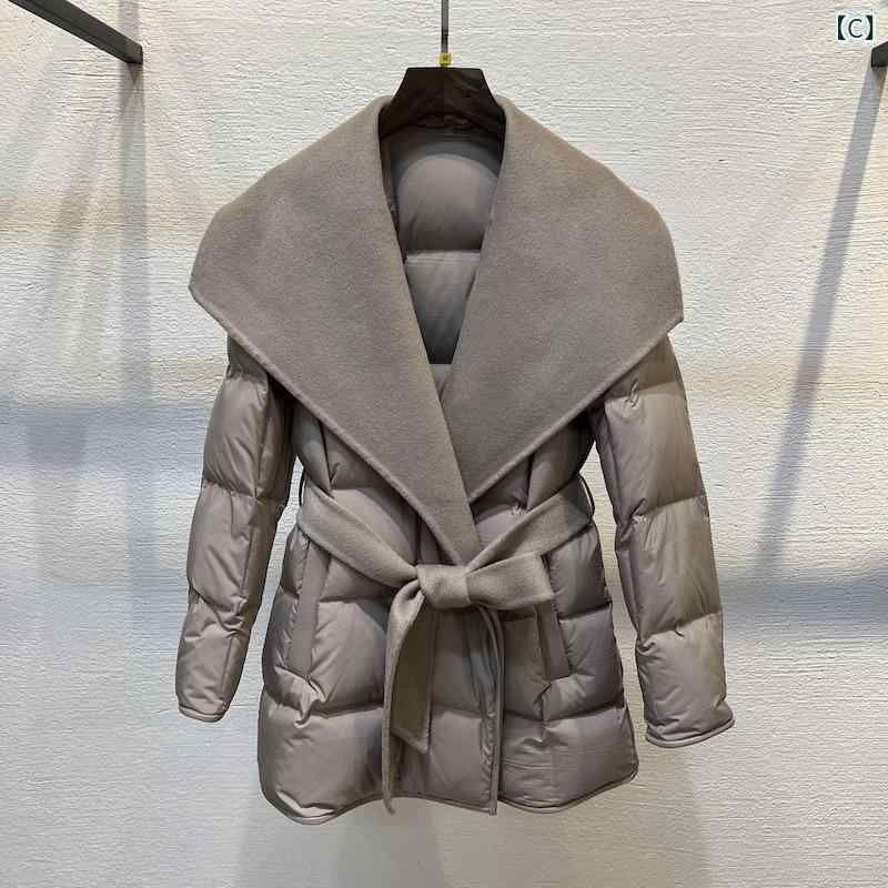 ダウンジャケット レディース 軽量 薄手 秋冬 韓国風 カシミヤ ウール コート 切り替え グースダウン アウター 長袖 ミドル丈 ポケット付き