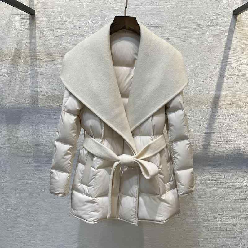 ダウンジャケット レディース 軽量 薄手 秋冬 韓国風 カシミヤ ウール コート 切り替え グースダウン アウター 長袖 ミドル丈 ポケット付き