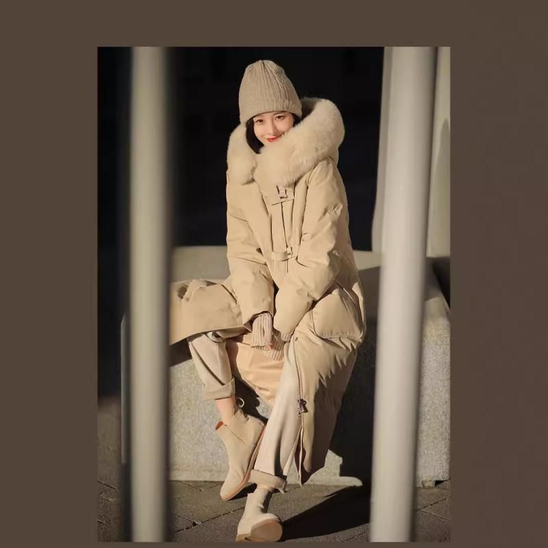 羽毛 ダウンジャケット レディース フード付き 狐毛ファー 中 длинный丈 ゆったり ブラック ピンク系 ポリエステル 秋冬