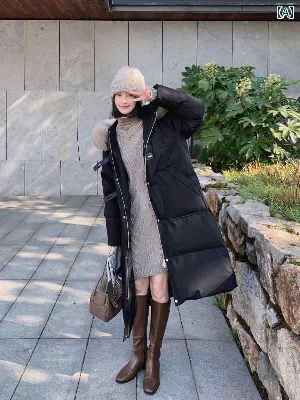 羽毛 ダウンジャケット レディース フード付き 狐毛ファー 中 длинный丈 ゆったり ブラック ピンク系 ポリエステル 秋冬