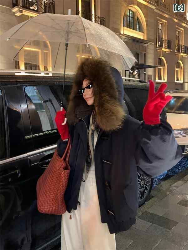 ダウンジャケット レディース 90 ホワイトダックダウン 牛角ボタン フード付き アウター 秋冬 厚手 暖かい 綿麻 普段使い デート