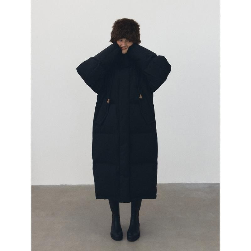 ダウンジャケット レディース スペースデザイン フード付き ロング丈 秋冬 90 ホワイトダックダウン ポリエステル ブラック ブラウン ベー