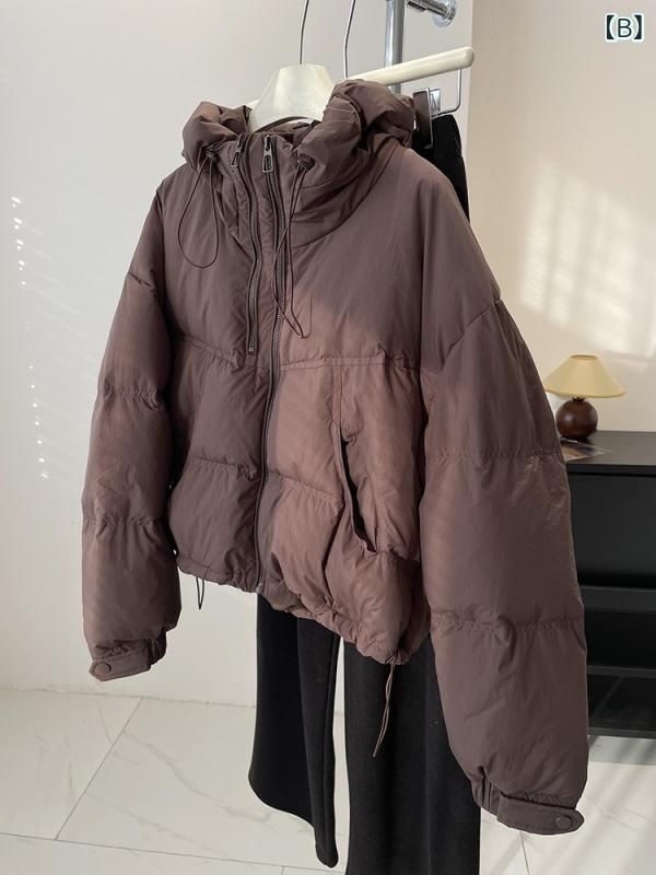 ダウンジャケット レディース ショート丈 フード付き Aライン 秋冬 韓国風 スリム 紫系 黒 米白 シェニール あったか