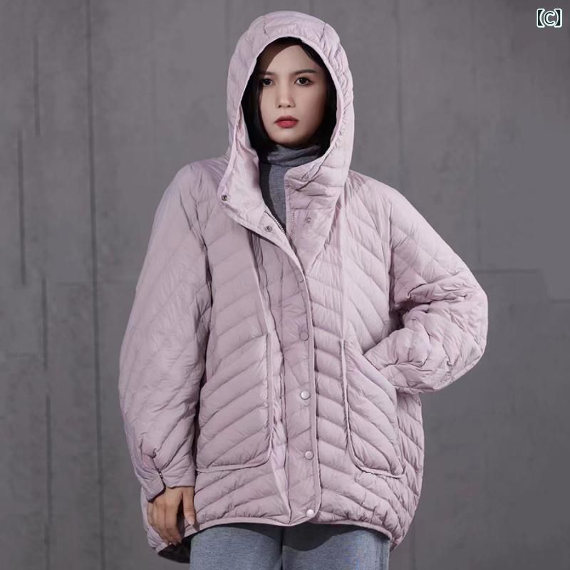 ダウンジャケット レディース 軽い 軽量 ゆったりサイズ フード付き 大きめポケット 韓国風 カジュアル 保温 アウター 秋冬 ブラック カー