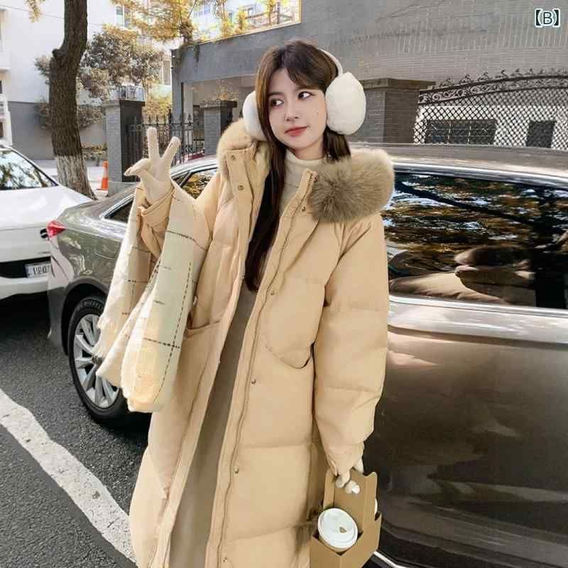 ダウンジャケット レディース 秋冬 韓国風 フォックスファー ミドル丈 厚手 ホワイトダックダウン ゆったり アウター カーキ ブラック ピン