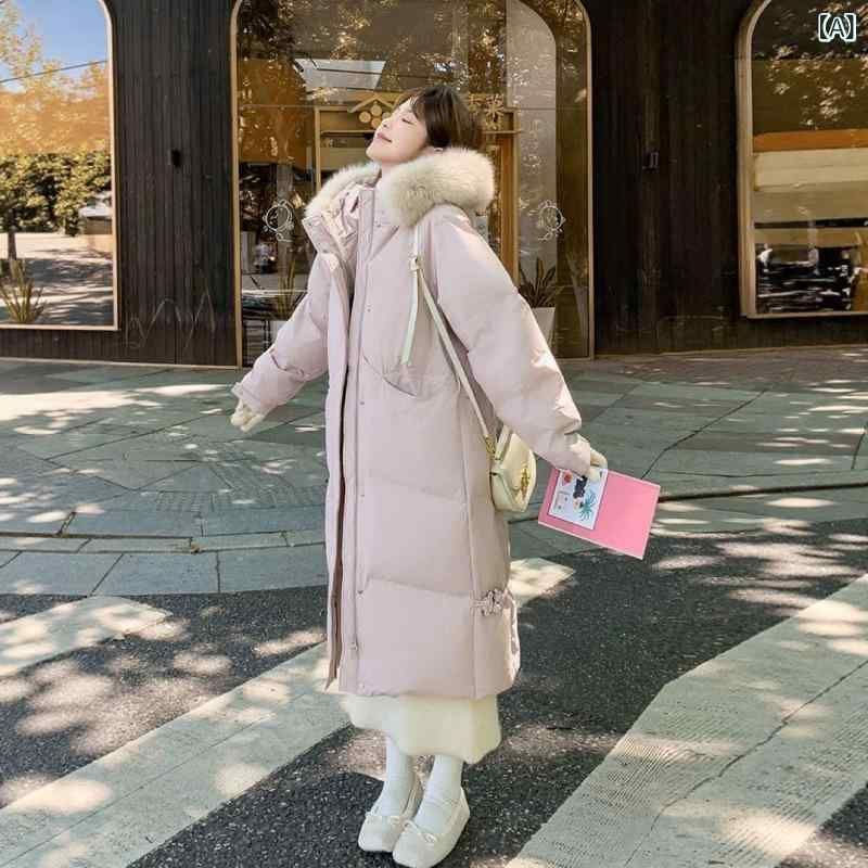 ダウンジャケット レディース 秋冬 韓国風 フォックスファー ミドル丈 厚手 ホワイトダックダウン ゆったり アウター カーキ ブラック ピン