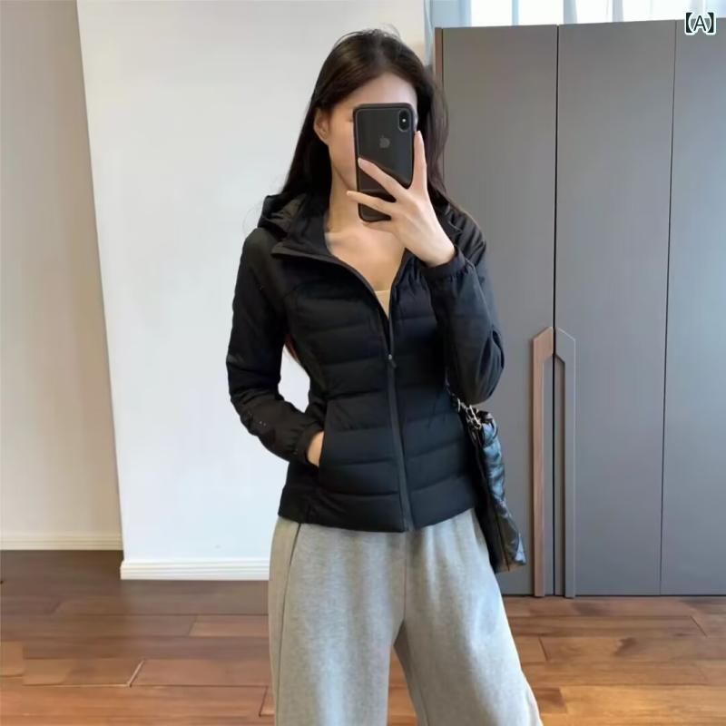 ダウンジャケット レディース スポーツ 軽量 薄手 ショート丈 フード付き 暖か 伸縮性 スリムフィット ブラック ホワイト ピンク系 ネイビ
