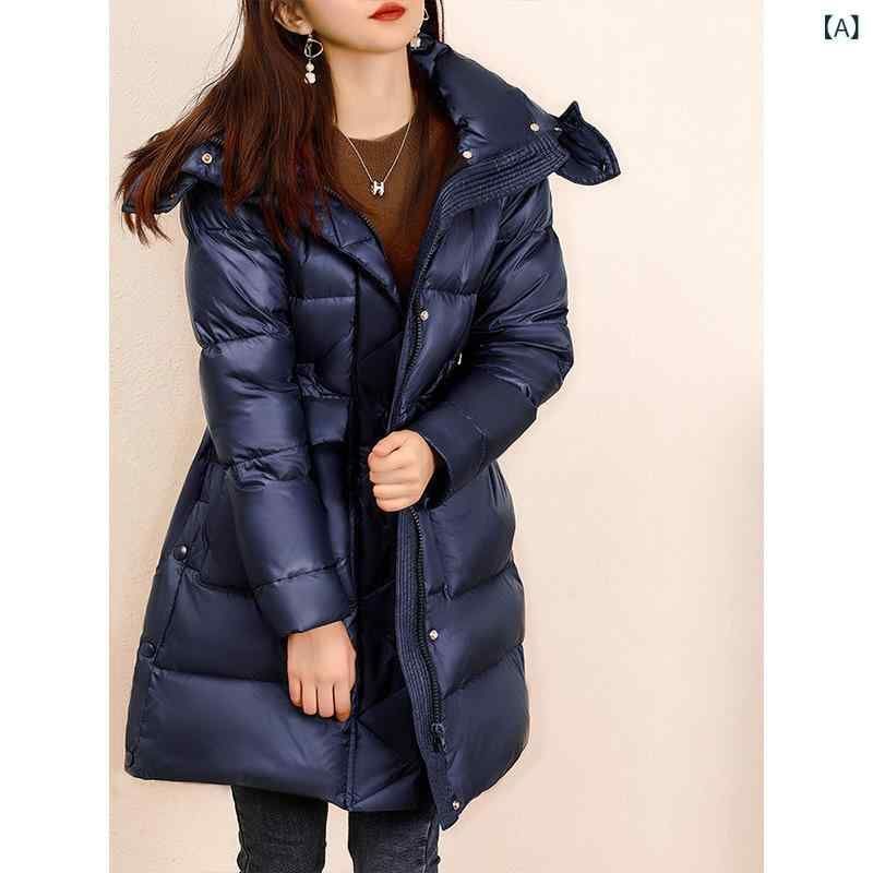ダウンジャケット レディース 高品質ダウン95 ミドル丈 連帽 フード付き 紺色 ネイビー 厚手 秋冬 防寒 暖かい あったか