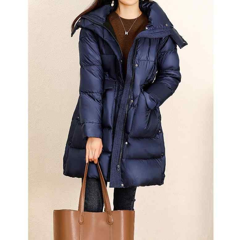 ダウンジャケット レディース 高品質ダウン95 ミドル丈 連帽 フード付き 紺色 ネイビー 厚手 秋冬 防寒 暖かい あったか