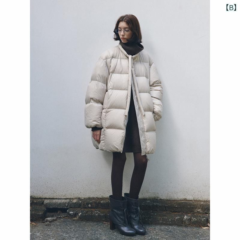 ダウンジャケット レディース 超軽量 ラウンドネック 90 ホワイトダックダウン 暖か 中綿入り ロング丈 アウター カーキブラウン ベージュ GULLKHAN_COM