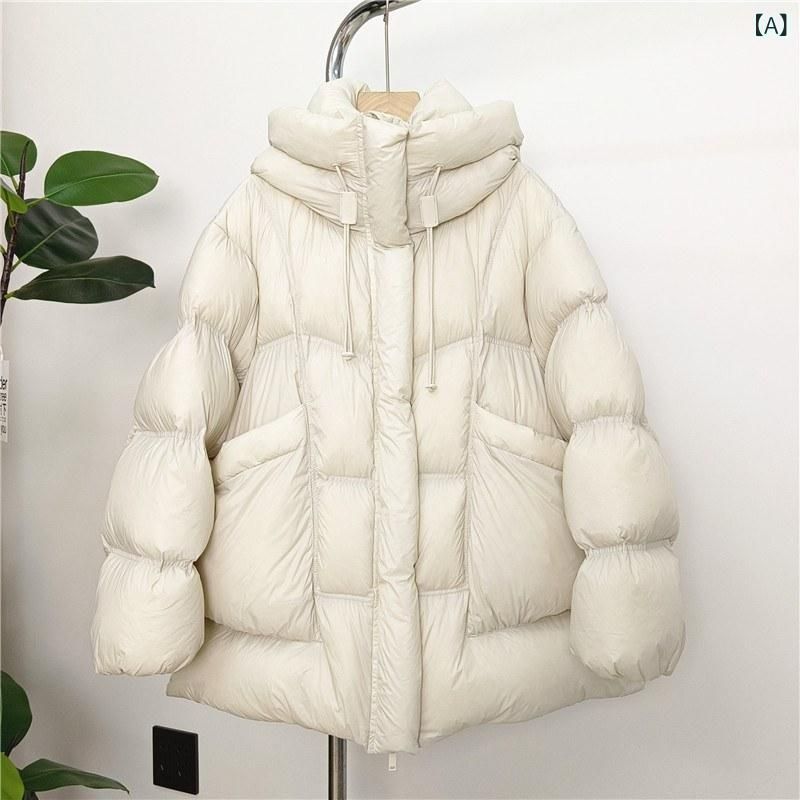 ダウンジャケット レディース 中綿入り ミドル丈 ゆったり フード付き アクリル 厚手 米白色 黒 紫色 ワインレッド GULLKHAN_COM