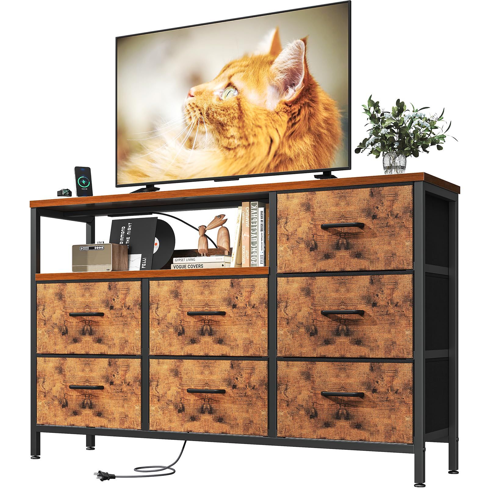 AODK タンス チェスト コンセント付き 幅132×奥行30×高さ90cm テレビ台 リビング 収納 大容量 洋服タンス 収納ケース 衣装ケース 布製引き出し 箪笥 おしゃれ 転倒防止 安定感 3段7杯 ビンテージ