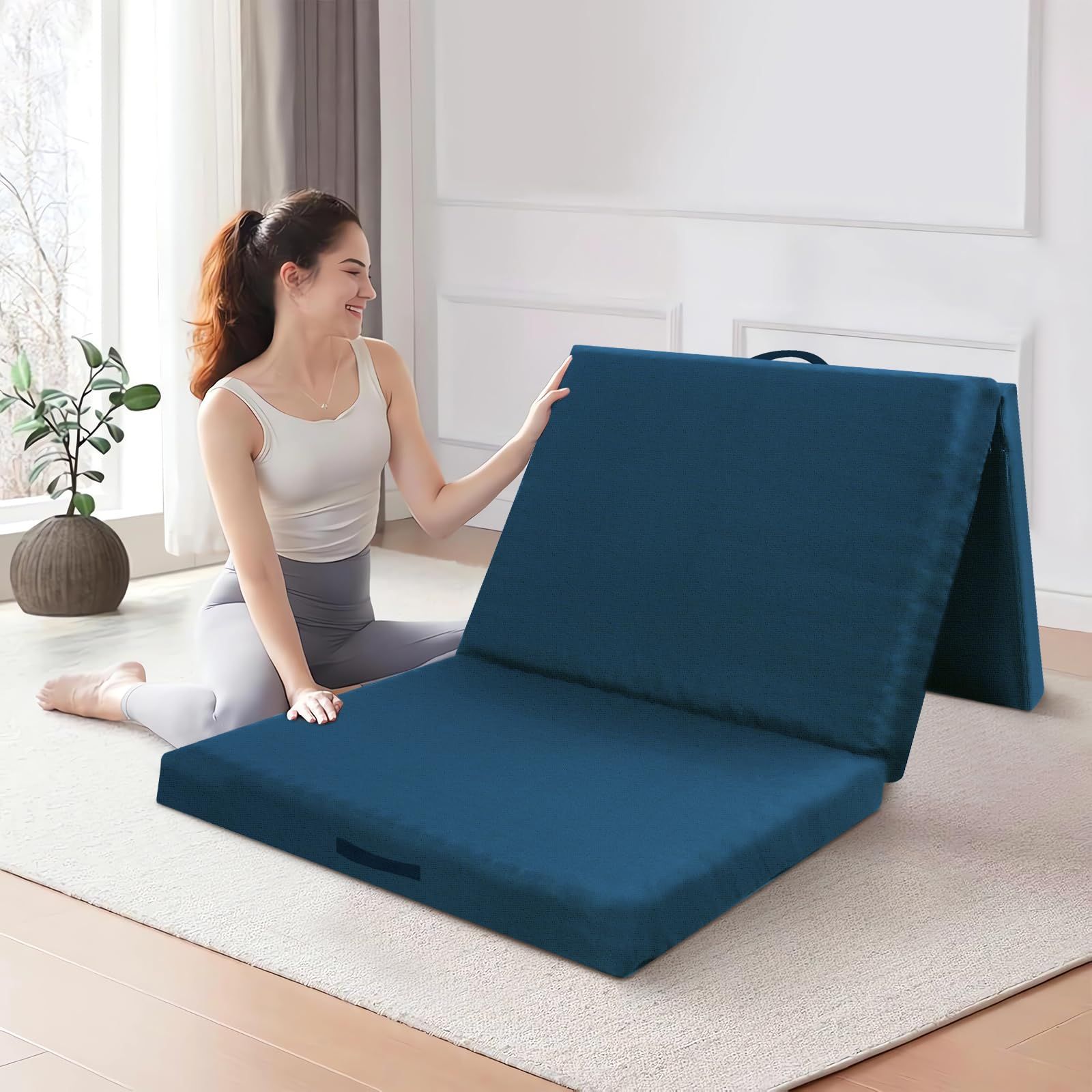 マットレス 折り畳み 敷布団 ベッドマット 座布団 高反発 三つ折 シングル セミダブル 厚さ8CM 来客用 コンパクト収納 洗えるカバー 抗菌防臭 オールシーズン 紺 ダブル 197 140 8