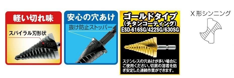 トップ TOP 電動ドリル用 六角シャンク スパイラルステップドリル 4 22㎜ ESD-422S 燕三条