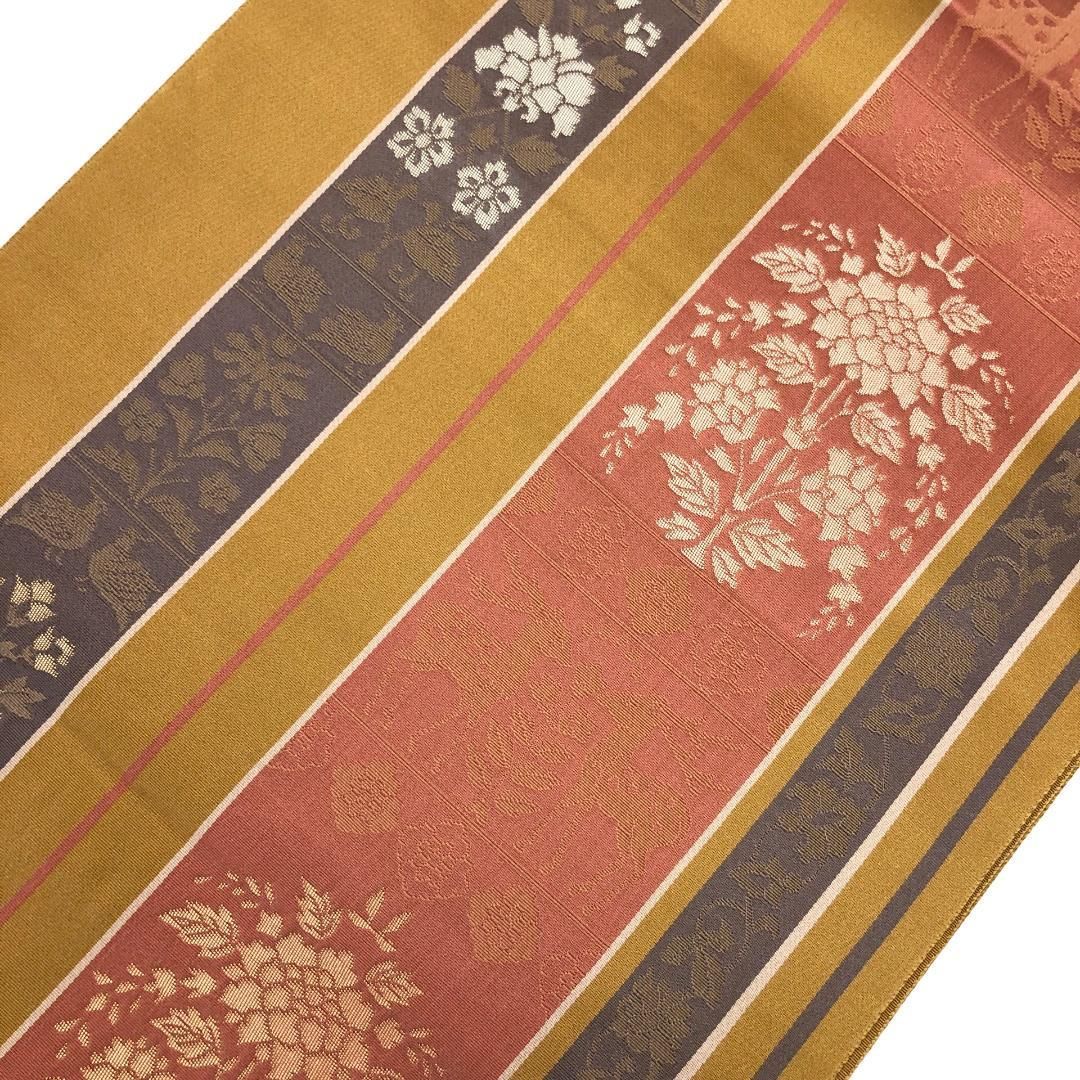 名古屋帯 縦縞模様 向かい鹿 花模様 黄土色 O-5583