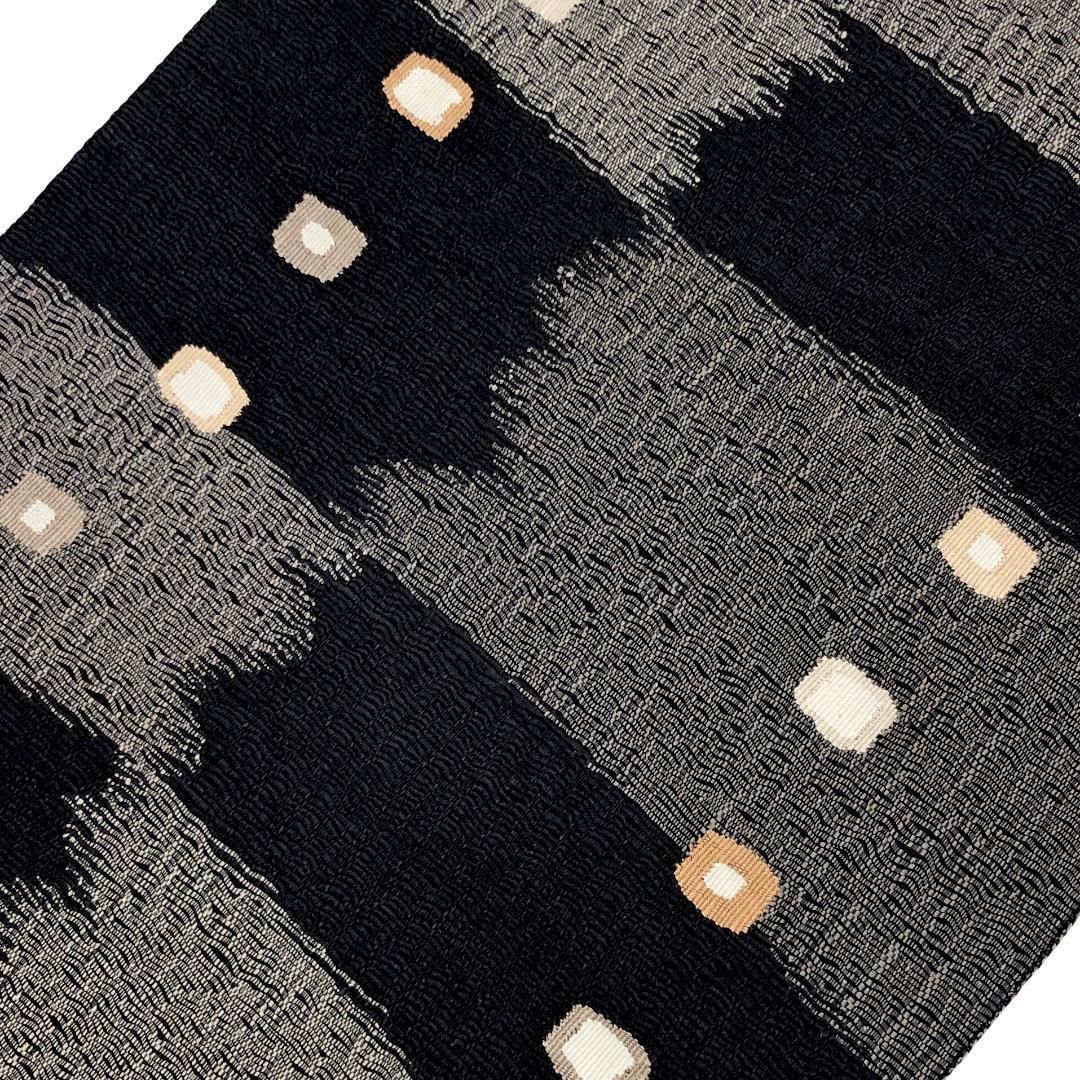名古屋帯 紬 抽象四角模様 黒色 O-5615