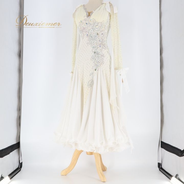 社交ダンス 衣装 ドレス ワンピース 白 リボン 感 ROBINHOOD ロビンフッド 上品 デモ 競技 ダンス パーティ 発表会 ホワイト系 女性用 美しい スタイル おしゃれ LLC-HASEGAWATOSO_COM